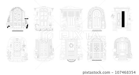 Set of different house entrances, porches and closed doors, retro doorway. Entries to apartments with potted plants, mats, lamps and letterboxes on facade. Exterior of house in line art style 107468354
