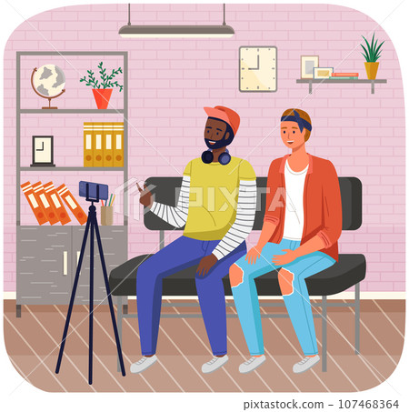 Phone on tripod. People broadcasting, stream on smartphone. Live streaming. Video blog recording, male blogger using mobile and tripod stand. Illustration of making videos for social media publishing 107468364