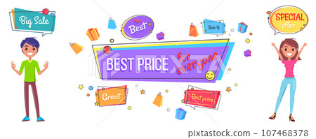 Best price for everyone, special offer promo banner layout. Limited time only sale retail business promotion. Marketing advertising poster with happy people offering best prices during big sale 107468378