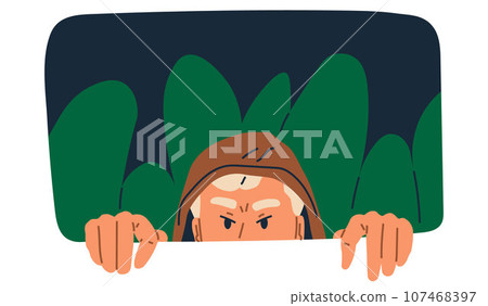 Man spying, peeping from shrub. Person hiding behind bush, sneaking, peeking, watching, looking nosy and waiting. Searching, observing, man secretly regard. Espionage, detective or secret observer 107468397