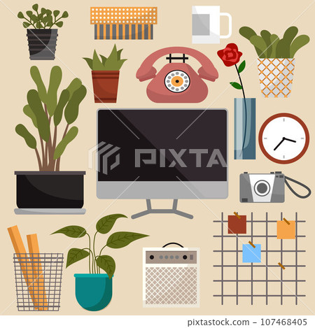 Modern design vector interior items set concept of creative office room inside workspace, workplace. Icon collection business work flow elements, things, equipment, objects isolated on background 107468405