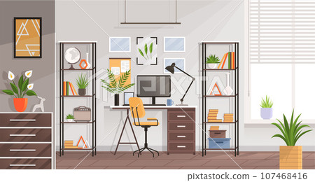 Modern home office interior. Remote workplace with desk, chair, computer and potted plants. Front view of empty working place with furniture. Interior for freelancer. Work table with wheelchair 107468416