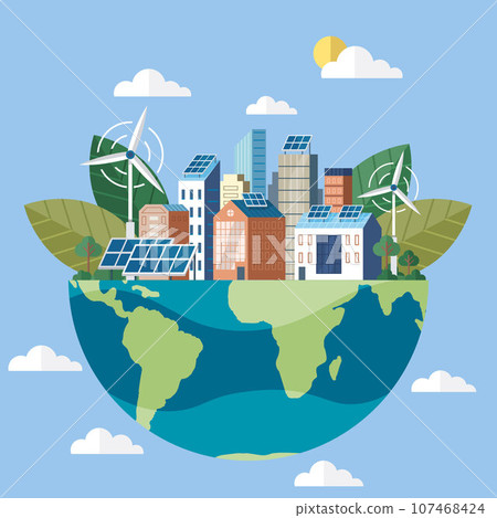 Solar panel on home roof sun system. Solar panels and wind turbines or alternative sources of energy. Eco friendly, sustainable, renewable and alternative energy. Smart grid virtual battery energy 107468424