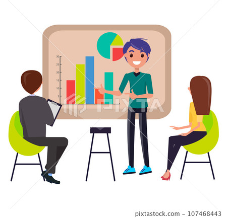 Manager smiling businessman leading presentation during meeting in office, workers talking to each other and brainstorming, communicating business people. Group of working employees analyze statistics 107468443