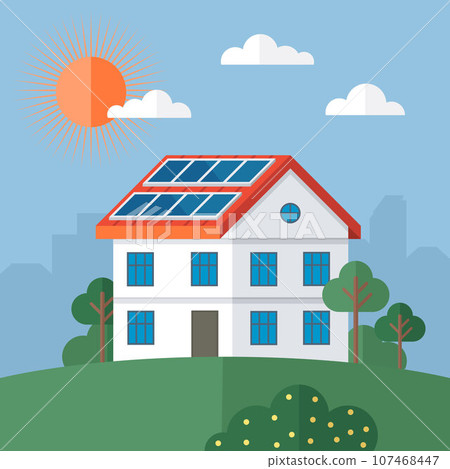 Solar panel on home roof sun system. Solar panels, alternative electricity source, concept of sustainable resources. Home electricity with battery energy storage system on modern house vector Solar panel on home roof sun system. Solar panels, alternative electricity source, concept of sustainable resources. Home electricity with battery energy storage system on modern house vector 107468447
