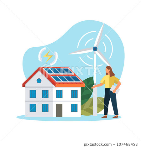 Solar panel home roof sun system. Modern eco suny panel on roof renewable electricity systems. Windmill and solar panel. Wind turbine energy. Sell house with alternative energy. Eco home. Happy woman 107468458