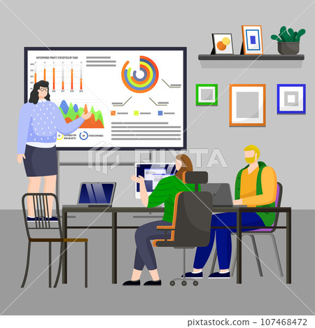 Analysts working with diagram at meeting. People work with statistics, business planning, strategy, development. Presentation with data analysis graphs and charts. Financial analytics using technology 107468472