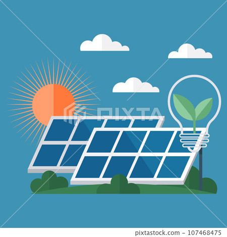 Renewable alternative ecological technology with power plant, solar battery, panel. Solar panels cells for electricity grid. Eco friendly power industry. sustainable, renewable and alternative energy Renewable alternative ecological technology with power plant, solar battery, panel. Solar panels cells for electricity grid. Eco friendly power industry. sustainable, renewable and alternative energy 107468475