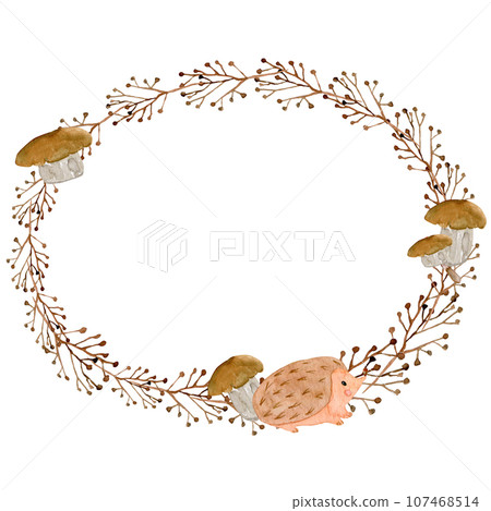 Round autumn pattern with dry twigs, mushrooms and hedgehog. Watercolor frame with mushrooms and forest inhabitants. Watercolor round openwork frame Round autumn pattern with dry twigs, mushrooms and hedgehog. Watercolor frame with mushrooms and forest inhabitants. Watercolor round openwork frame 107468514