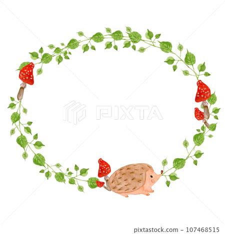 Circular autumn pattern with green leaves, fly agarics and hedgehog. Watercolor frame with mushrooms and forest inhabitants. Watercolor round 107468515