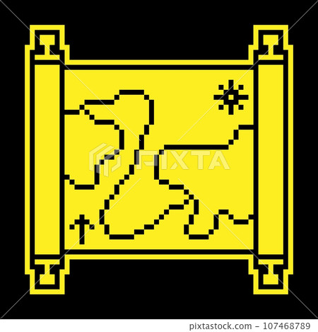 Old map Pixel silhouette icon. Papyrus paper rolled up. Medieval letters and pirate treasure maps. Simple black and yellow vector Old map Pixel silhouette icon. Papyrus paper rolled up. Medieval letters and pirate treasure maps. Simple black and yellow vector 107468789