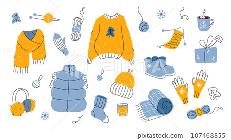 Winter warm knitted clothes set with holiday decor Modern flat style with doodle hand drawn elements 107468855