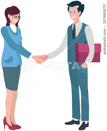 Meeting in office of businessman and businesswoman handshake, making corporate finance deal, teamwork solution, successful partnership. Greeting business partners and people interactions isolated. Meeting in office of businessman and businesswoman handshake, making corporate finance deal, teamwork solution, successful partnership. Greeting business partners and people interactions isolated. 107468870