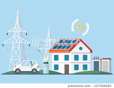 Solar panel with sun power photovoltaic PV home system renewable electric energy technology house. Solar panel and batteries with sun. Electric car charging on renewable smart power off-grid system 107468880