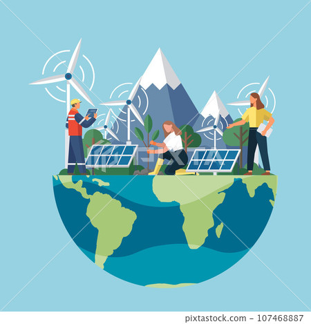 Modern alternative energy. Ecological energy. Green world. Alternative electricity source and sustainable resources. Windmills and house with solar panel. Cartoon characters living healthy lifestyle 107468887
