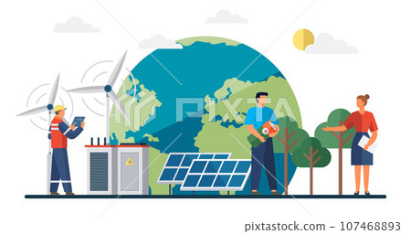 Modern alternative energy. Ecological energy. Green world. Alternative electricity source and sustainable resources. Solar cell team service house installing. Green energy. Ecological energy 107468893