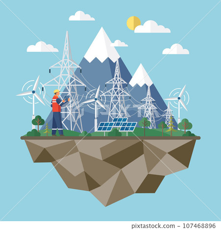 Solar cell team service installing. Green renewable energy, ecology green power. Eco suny panel renewable electricity systems. Windmill and solar panel. Solar panel plant, wind and li-ion electricity 107468896