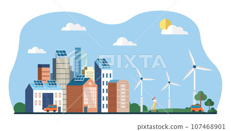 Solar cell team service house installing. Green energy. Renewable energy, ecology and green electricity. Modern eco suny panel on roof renewable electricity systems. Windmill and solar panel. Eco city Solar cell team service house installing. Green energy. Renewable energy, ecology and green electricity. Modern eco suny panel on roof renewable electricity systems. Windmill and solar panel. Eco city 107468901