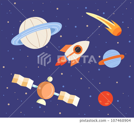 Rocket and planets on blue background. Spaceship flying among celestial objects and stars. Cute astronomical shapes, cosmic design elements. Sky landscape with flying rocket and heavenly bodies 107468904