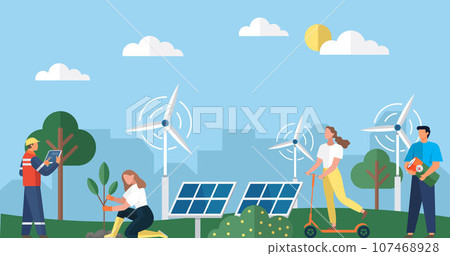Modern alternative energy. Ecological energy. Green world. Alternative electricity source and sustainable resources. Windmills and house with solar panel. Cartoon characters living healthy lifestyle 107468928