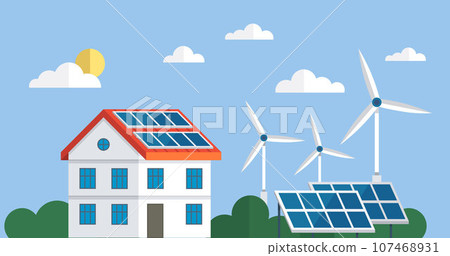 Electric energy technology off grid OTG inverter, charge controller, battery, meter, solar panels and wind turbines. Solar cell system. Solar panel system collector from poly crystalline square cells 107468931