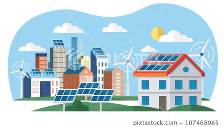 Solar panels and wind turbines or alternative sources of energy. Eco friendly, sustainable renewable and alternative energy. Smart grid virtual battery energy storage network with house office factory 107468965