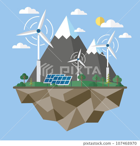 Solar cell panels. Solar battery, solar panel. Renewable alternative energy concept with glowing low poly panel. Windmill and solar panel. Wind and li-ion electricity. Renewable alternative energy 107468970