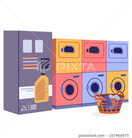 Public laundry room interior design. Empty premice of laundromat with automatic washers for cleaning, drying clothes, detergent powder box. Cleaning services. Public industrial self-service laundromat Public laundry room interior design. Empty premice of laundromat with automatic washers for cleaning, drying clothes, detergent powder box. Cleaning services. Public industrial self-service laundromat 107468975