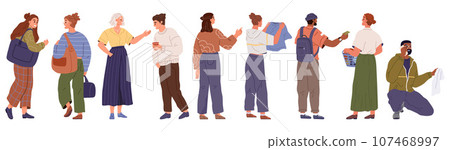 People in public laundry room washing clothes, flat vector illustration. Set of diverse characters loading dirty clothes in laundromat, holding basket of dirty laundry, talking in waiting room 107468997