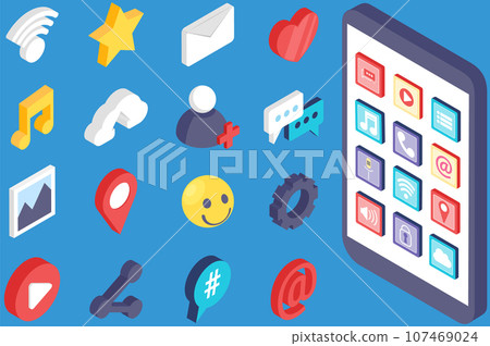 Icons for mobile devices set. Basic gadget functions. Social media, Internet signs. Phone applications and network symbols vector illustration. Custom buttons on smartphone screen, user menu 107469024