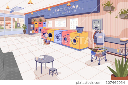 Laundry room with automatic washing and dryer machine, stacks of clean fold towels, clothes on rack, detergents, baskets and iron on shelves. Home or public laundromat with hanger for clean clothing Laundry room with automatic washing and dryer machine, stacks of clean fold towels, clothes on rack, detergents, baskets and iron on shelves. Home or public laundromat with hanger for clean clothing 107469034
