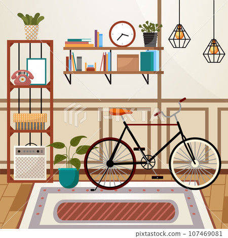 Modern interior design items set concept of creative home office room with bike inside workplace or corridor in apartment. Interiors elements, decor, equipment, objects, furniture, houseplants Modern interior design items set concept of creative home office room with bike inside workplace or corridor in apartment. Interiors elements, decor, equipment, objects, furniture, houseplants 107469081