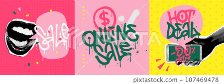 Exclusive online sale banners set in 90s collage magazine sketch style. Cards with speaking mouth, hand holding phone. Vector halftone illustration with graffiti lettering. Exclusive online sale banners set in 90s collage magazine sketch style. Cards with speaking mouth, hand holding phone. Vector halftone illustration with graffiti lettering. 107469478