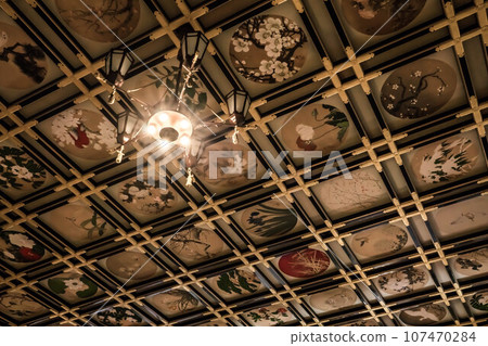 Traditional Japanese paintings and beautiful lighting on the ceiling of Kasashokaku in Eiheiji Temple, Fukui 107470284