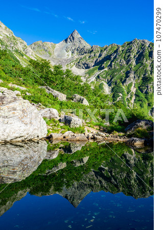 Climb Mt. Yarigatake, Japan's 100 Famous Mountains in Nagano Prefecture; an upside-down spear that shines in Tengu Pond Climb Mt. Yarigatake, Japan's 100 Famous Mountains in Nagano Prefecture; an upside-down spear that shines in Tengu Pond 107470299