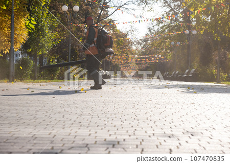 Blower cleaning from pavement leaves. Blower cleaning from pavement leaves. 107470835