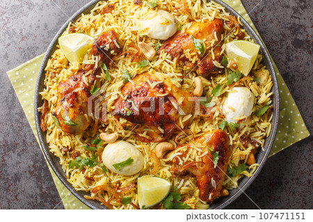 Festive pilaf Morog Polao made from chicken and spicy basmati rice with boiled eggs and fried onions closeup on the plate. Horizontal top view 107471151