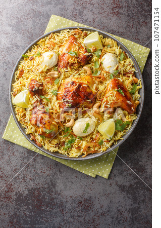 Spicy chicken biriyani rice with sliced eggs closeup on the plate. Vertical top view Spicy chicken biriyani rice with sliced eggs closeup on the plate. Vertical top view 107471154