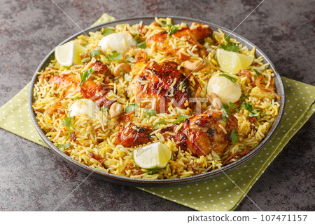 Festive pilaf Morog Polao made from chicken and spicy basmati rice with boiled eggs and fried onions closeup on the plate. Horizontal Festive pilaf Morog Polao made from chicken and spicy basmati rice with boiled eggs and fried onions closeup on the plate. Horizontal 107471157