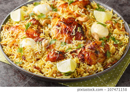 Chicken pulao or Polao with fried onion, egg, nut and raisins closeup on the plate. Horizontal Chicken pulao or Polao with fried onion, egg, nut and raisins closeup on the plate. Horizontal 107471158