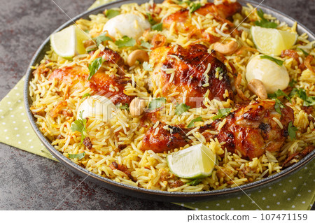 Spicy chicken pulao, polao, biryani, mandi, kacchi with egg closeup on the plate. Horizontal Spicy chicken pulao, polao, biryani, mandi, kacchi with egg closeup on the plate. Horizontal 107471159