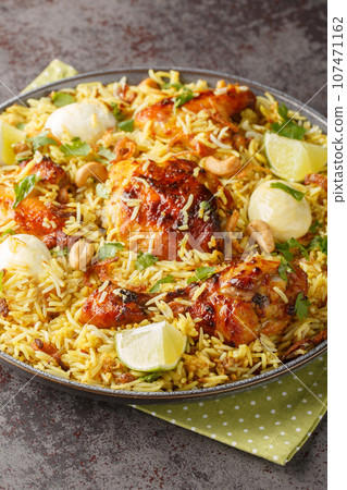 Morog Polao tender chicken cooked in ghee and flavored with a variety of spices, layered with aromatic Basmati rice closeup on the plate. Vertical Morog Polao tender chicken cooked in ghee and flavored with a variety of spices, layered with aromatic Basmati rice closeup on the plate. Vertical 107471162