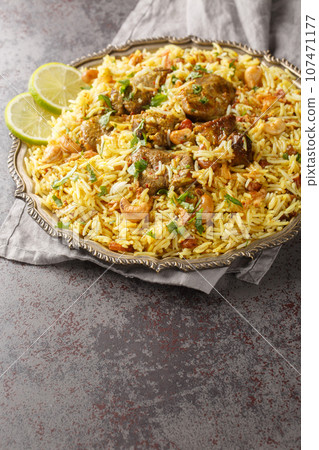 Kacchi Mutton Biryani is a delicious rice dish where tender lamb meat pieces are marinated with lots of spicy closeup on the plate. Vertical Kacchi Mutton Biryani is a delicious rice dish where tender lamb meat pieces are marinated with lots of spicy closeup on the plate. Vertical 107471177
