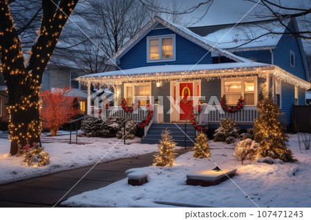 Residential houses with Christmas decorations. Generative AI 107471243