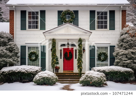 Residential house with Christmas decorations. Generative AI 107471244