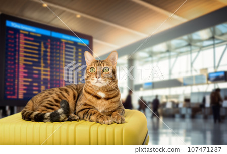 A Bengal cat lies on a yellow suitcase at the airport. A Bengal cat lies on a yellow suitcase at the airport. 107471287