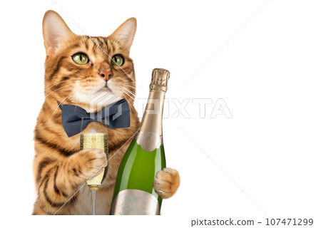 Happy cat in a bow tie holds a glass of champagne on a white background. 107471299
