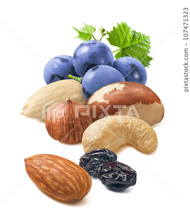 Blanched almond, hazelnut, cashew, brazil nuts, blue grape and raisin isolated on white background Blanched almond, hazelnut, cashew, brazil nuts, blue grape and raisin isolated on white background 107471323