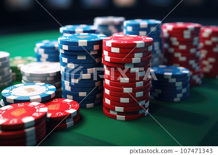 Poker chips on green felt. Gambling addiction. Generative AI 107471343