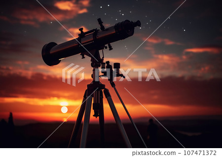 Telescope silhouette against night sky background. Generative AI Telescope silhouette against night sky background. Generative AI 107471372